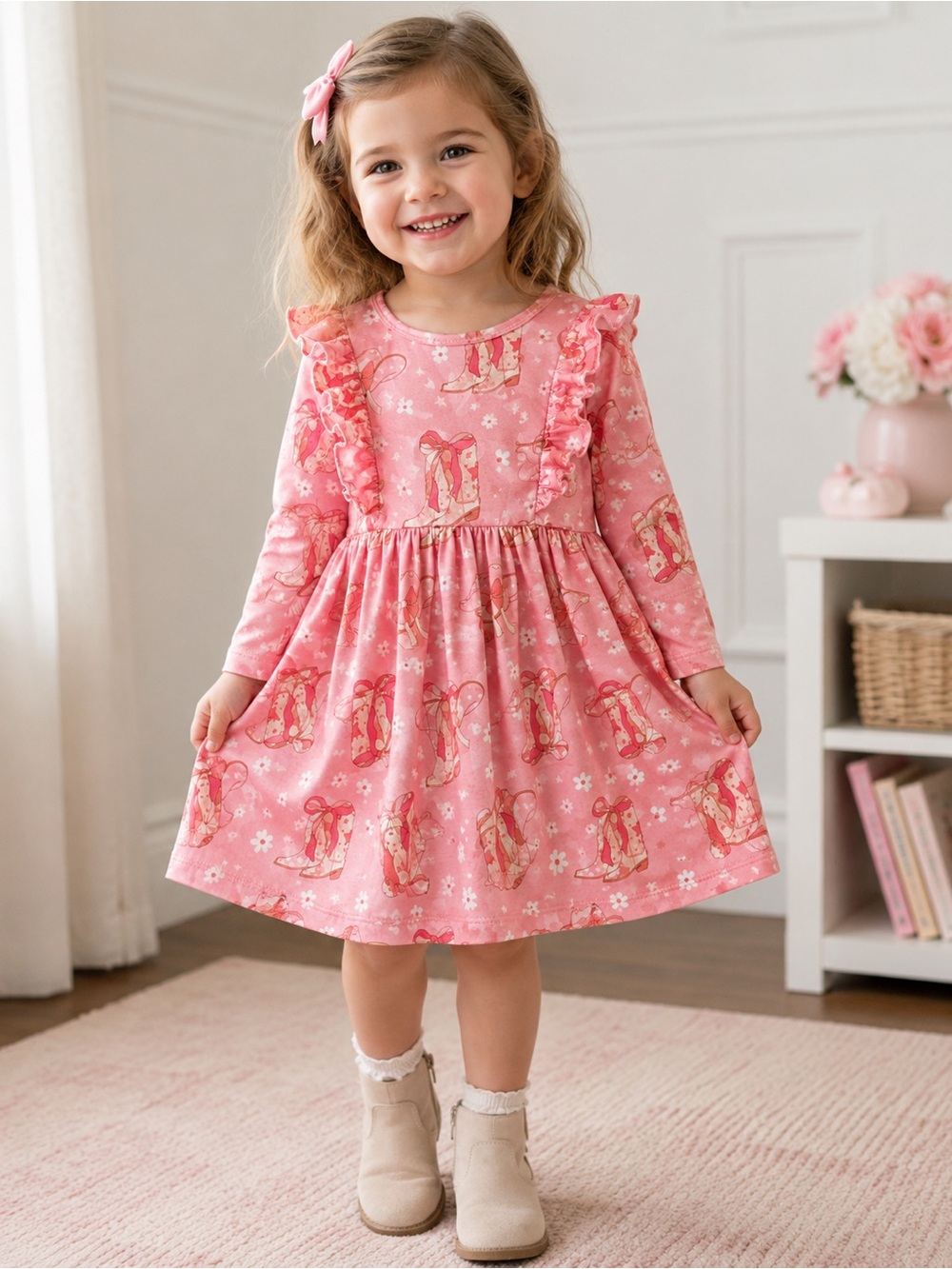 Mila & Rose Girls 12-24M Pink Cowgirl Boots Ruffle Twirl Dress Western Bow